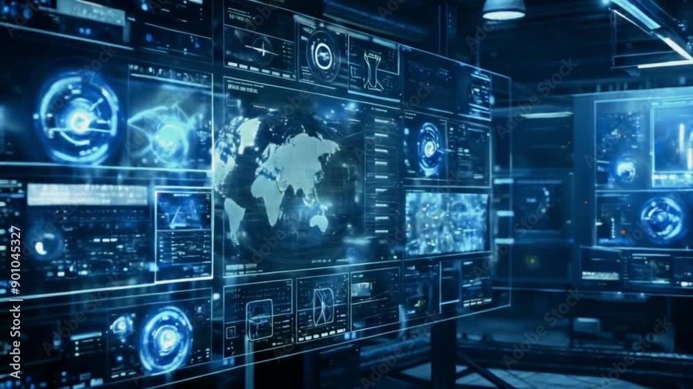 Futuristic digital interface with glowing blue displays showing data and world map. Futuristic digital interface with glowing blue displays showing data and world map.