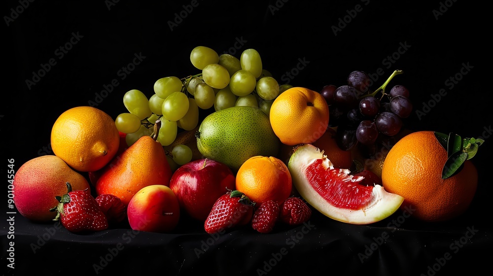A colorful still life of various fruits on a black surface. A colorful still life of various fruits on a black surface.