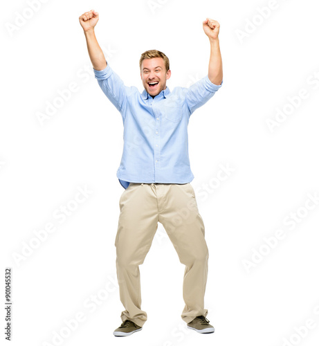 Studio, excited and man in celebration with arms in air for success, confidence or happy achievement. Smile, winning and male person with hands raised in fun dance for opportunity on white background