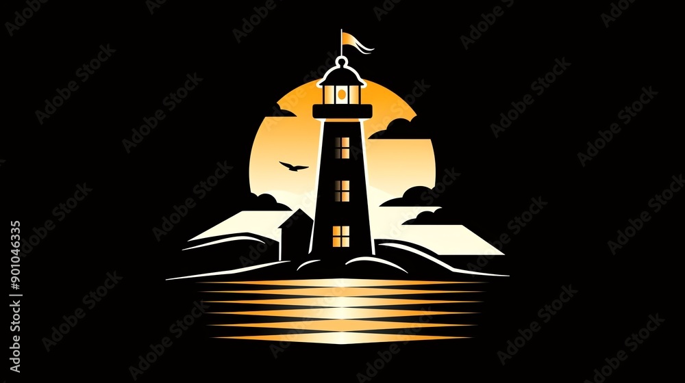 Obraz premium A lighthouse silhouette with a sunset behind it.