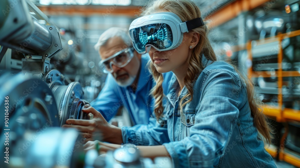 Engineers equipped with AR glasses collaboratively designing a new industrial plant, digital blueprints and holograms displayed in their view. Engineers equipped with AR glasses collaboratively designing a new industrial plant, digital blueprints and holograms displayed in their view.