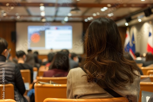 Woman with Long Brown Hair Sitting in a Conference Room