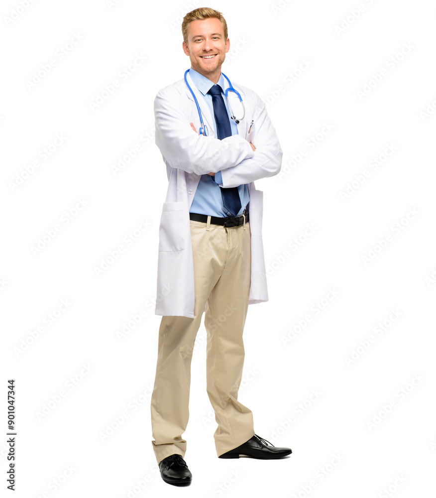 Doctor, portrait and happy man with arms crossed with white background for confidence, healthcare or medical career. Clinic, help and surgeon with stethoscope for trust, medicine or service in studio Doctor, portrait and happy man with arms crossed with white background for confidence, healthcare or medical career. Clinic, help and surgeon with stethoscope for trust, medicine or service in studio