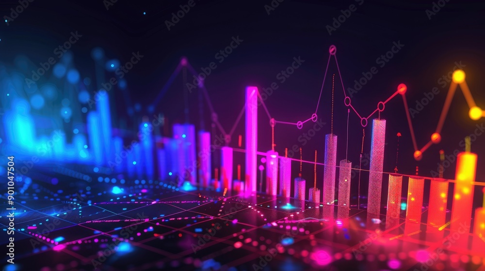 Abstract depiction of financial graphs and charts in neon colors Abstract depiction of financial graphs and charts in neon colors