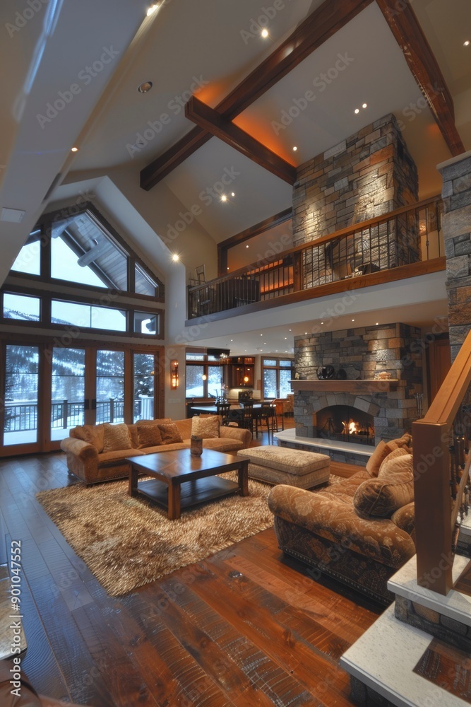 Cozy Living Room with Fireplace and Loft View Cozy Living Room with Fireplace and Loft View