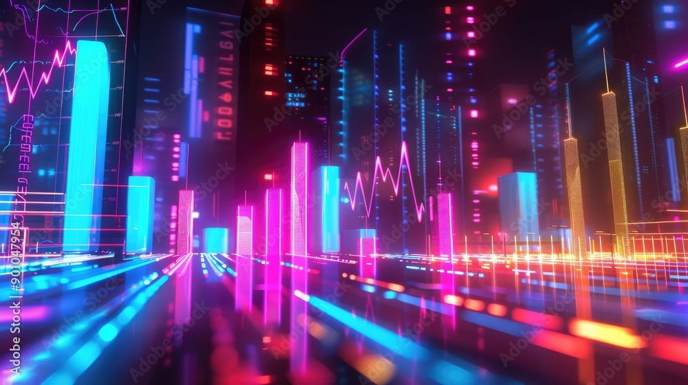 Abstract depiction of financial graphs and charts in neon colors Abstract depiction of financial graphs and charts in neon colors