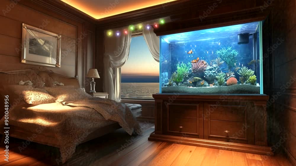 Cozy Bedroom with Large Aquarium and Sea View. Seamless looping time lapse 4k video animation background