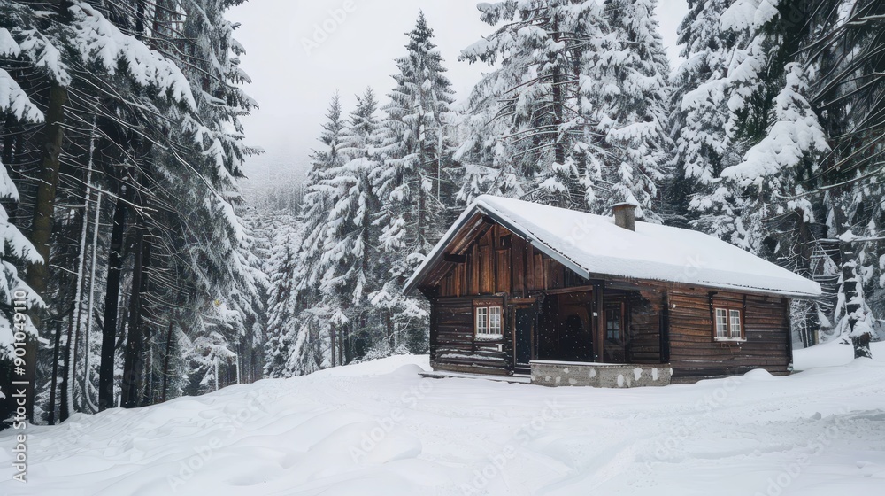 Rustic wooden cabin in a snowy pine forest Rustic wooden cabin in a snowy pine forest