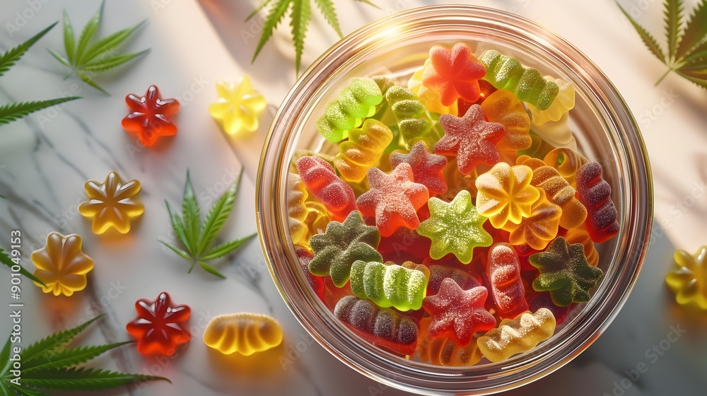 Assorted Cannabis-Infused Gummies in a Clear Glass Jar with Flat Design Assorted Cannabis-Infused Gummies in a Clear Glass Jar with Flat Design
