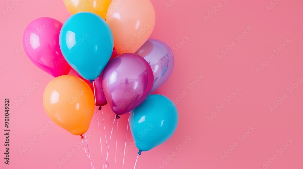 A bunch of colorful balloons on a pink background. A bunch of colorful balloons on a pink background.