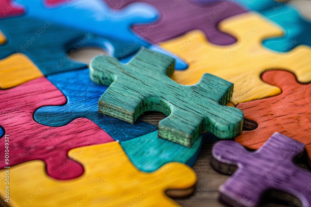 Connecting colorful wood puzzle pieces, business logic and problem-solving Connecting colorful wood puzzle pieces, business logic and problem-solving