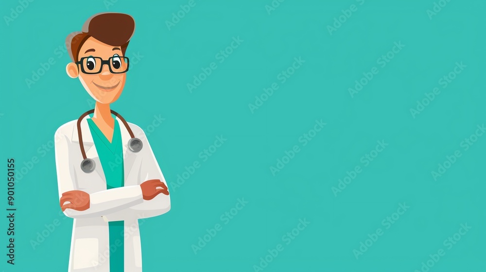 A cartoon doctor with his arms crossed standing in front of a turquoise background. A cartoon doctor with his arms crossed standing in front of a turquoise background.