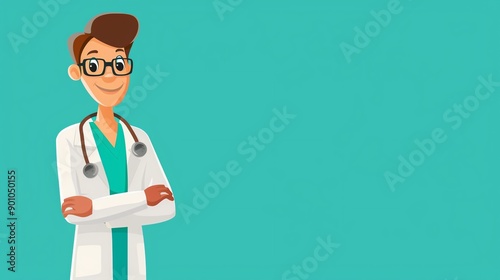 A cartoon doctor with his arms crossed standing in front of a turquoise background.