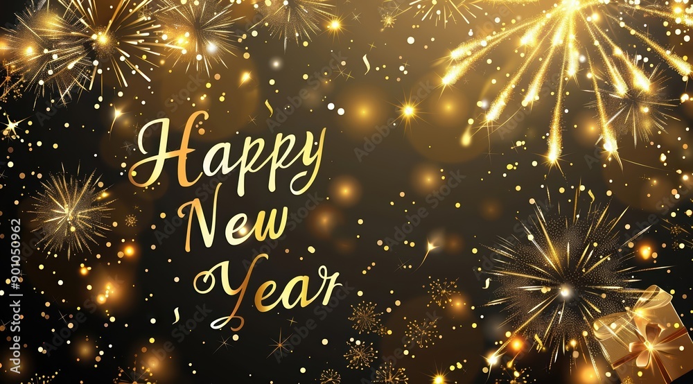 custom made wallpaper toronto digitalGolden New Year Wishes: Sparkling Fireworks and Sparklers Background, with golden text "Happy New Year"