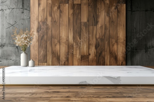 White Marble Countertop with Wooden Walls and Floor