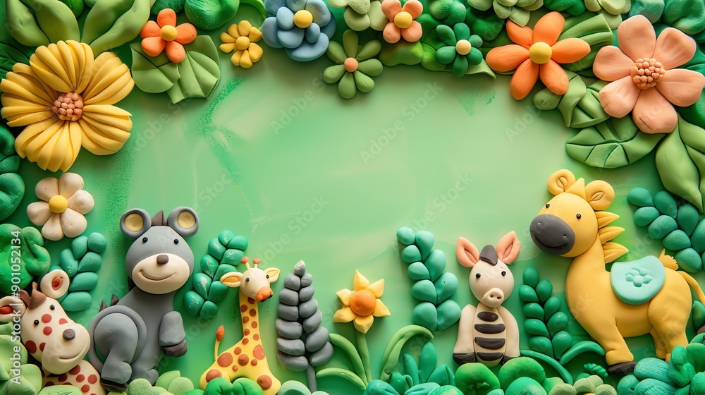A green background with a border of flowers, leaves and animal figurines made from clay. A green background with a border of flowers, leaves and animal figurines made from clay.