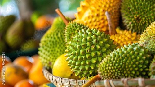 Close up of spiky durian fruits in a basket.