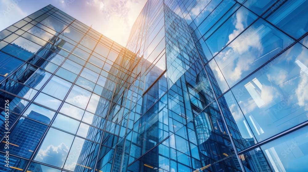 Obraz premium Low-angle view of a modern glass building reflecting the bright blue sky and clouds, emphasizing contemporary architecture and urban development.