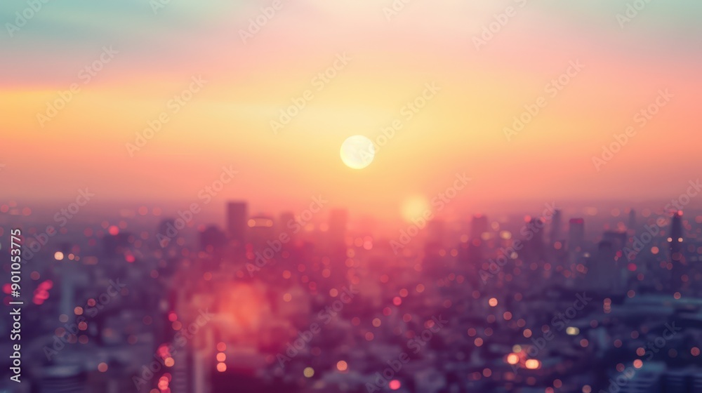 Obraz premium Blurred cityscape at sunset with vibrant hues of pink, orange, and purple, creating a dreamy and atmospheric scene.