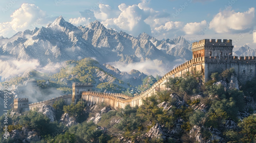 Fototapeta premium Great Wall of China, China - Historical fortification with mountain backdrop