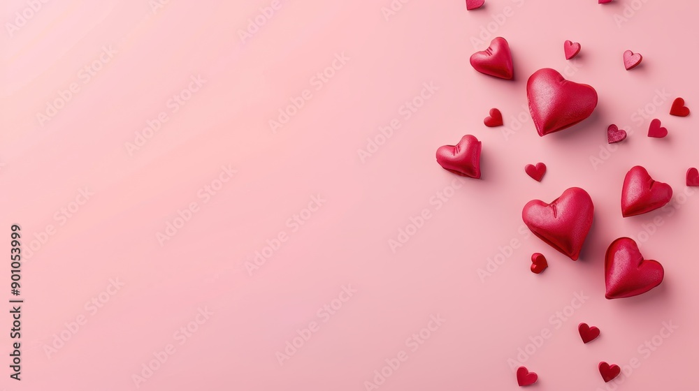 Red heart-shaped confetti on a pink background. Bold and romantic design. Red heart-shaped confetti on a pink background. Bold and romantic design.