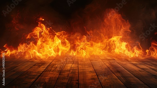 Flames rising from a wooden floor against a dark background, creating a dramatic and intense scene.