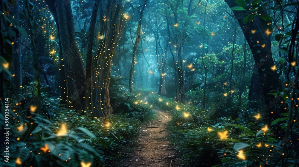 Obraz premium Magical forest path lit by thousands of glowing fireflies at dusk, creating an enchanting and mystical scene.