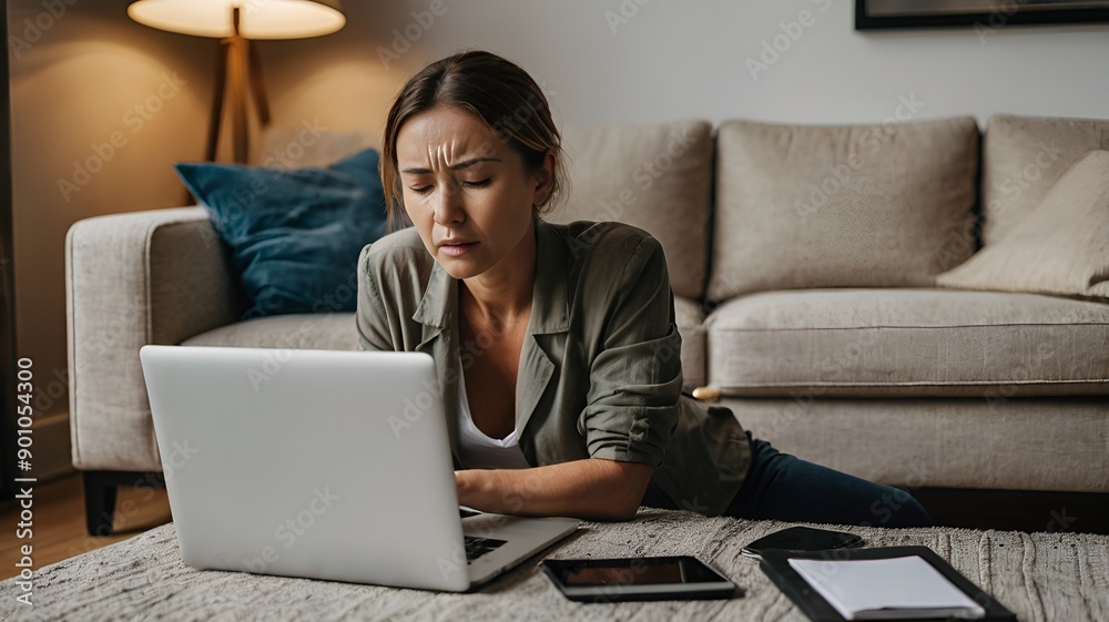 Woman suffering from back pain while working on laptop Woman suffering from back pain while working on laptop