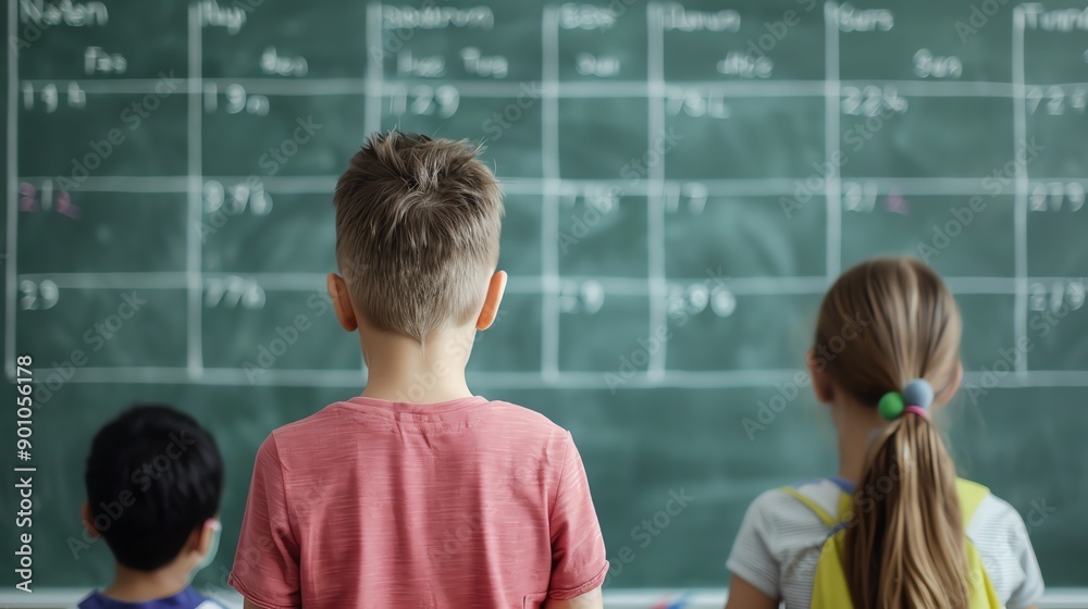 Children in a classroom looking at a chalkboard with schedules and notes. Education, learning, and school environment. Children in a classroom looking at a chalkboard with schedules and notes. Education, learning, and school environment.