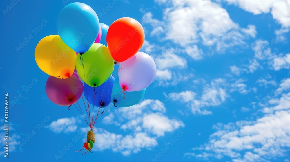 A cluster of bright balloons drift against a blue sky dotted with white clouds A cluster of bright balloons drift against a blue sky dotted with white clouds