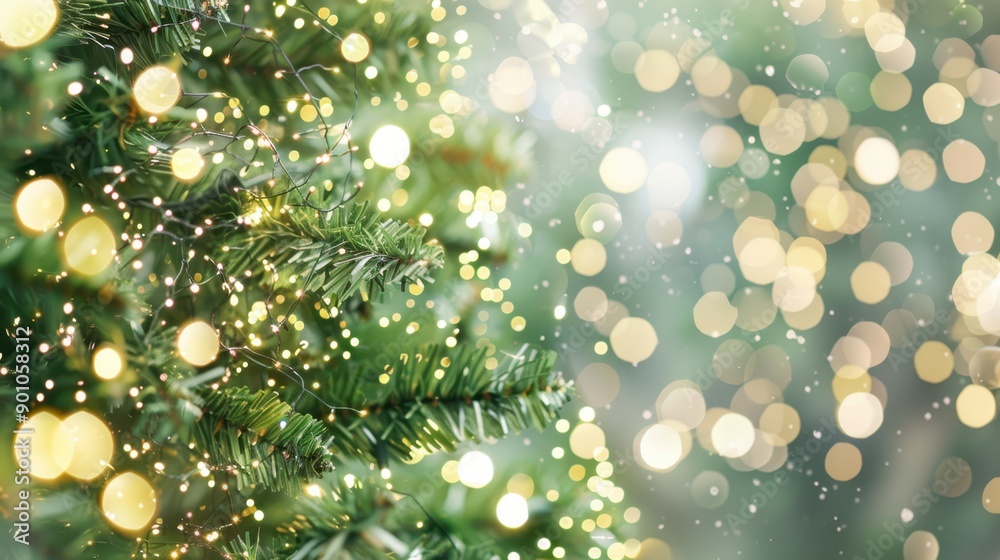 Christmas tree branches with twinkling lights, set against a green bokeh background. Festive and natural holiday decor concept. Christmas tree branches with twinkling lights, set against a green bokeh background. Festive and natural holiday decor concept.