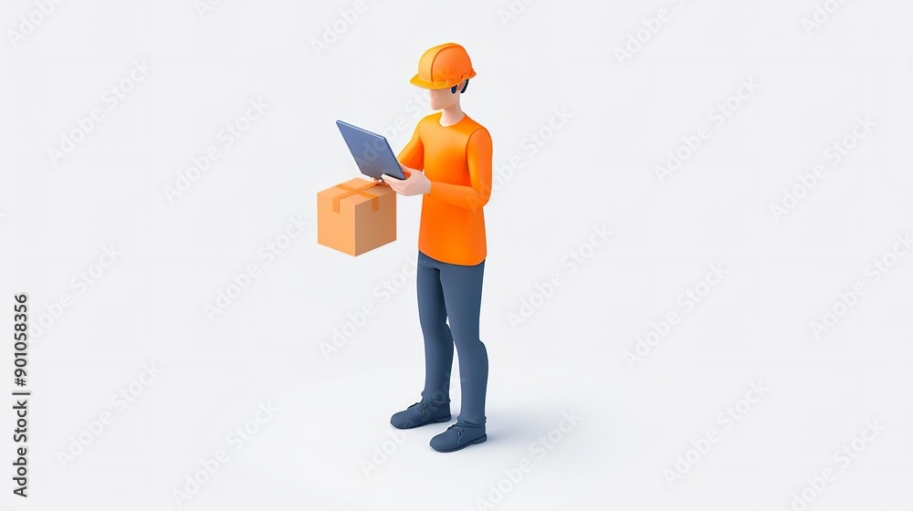 Delivery worker checking order on laptop, holding package, Business concept. Delivery worker checking order on laptop, holding package, Business concept.
