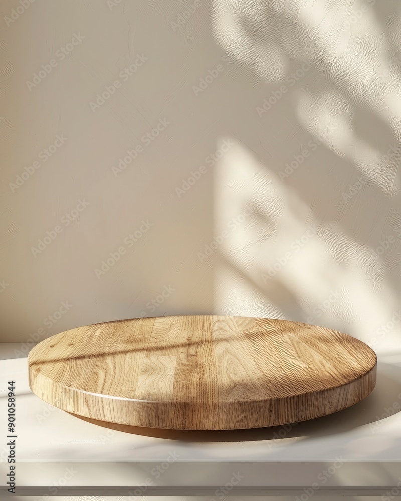 Empty beautiful round wood table top counter on interior in clean and bright with shadow background, Ready,white background, for product montage with generative ai Empty beautiful round wood table top counter on interior in clean and bright with shadow background, Ready,white background, for product montage with generative ai