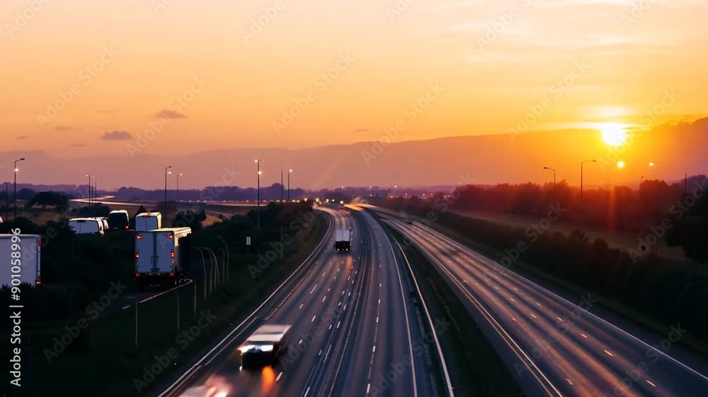 Traffic Flow of Semi-Trailers on Highway During Sunset Generative AI Traffic Flow of Semi-Trailers on Highway During Sunset Generative AI