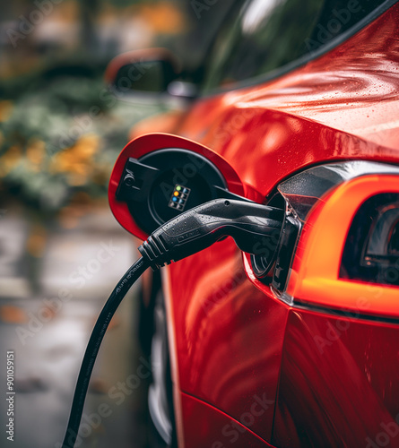 An electric vehicle being charged at an urban street station, closeup of the connector being inserted into an electric vehicle.
 photo