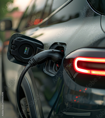 An electric vehicle being charged at an urban street station, closeup of the connector being inserted into an electric vehicle.
 photo