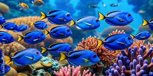 School of bright blue tang swimming together amidst vibrant coral reef Generative AI, aquatic life