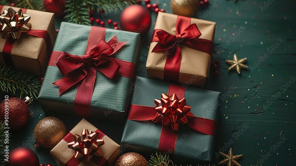 Top View of Festive Christmas Presents with Ribbon Bows, Baubles, and Star Ornaments on Green Background Top View of Festive Christmas Presents with Ribbon Bows, Baubles, and Star Ornaments on Green Background