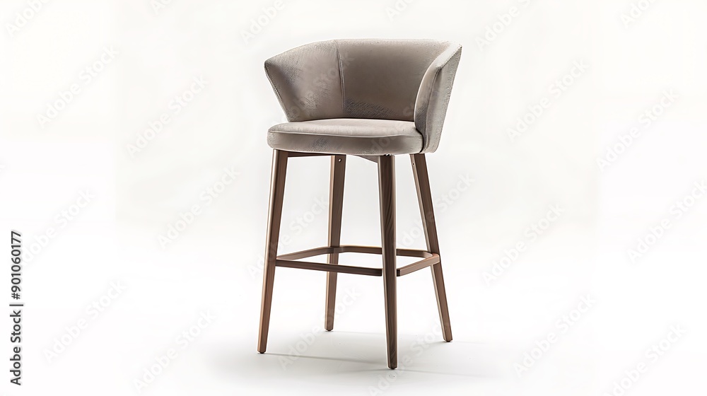 A stylish upholstered bar stool with a backrest and wooden legs set against a white background The design blends comfort with a contemporary look A stylish upholstered bar stool with a backrest and wooden legs set against a white background The design blends comfort with a contemporary look