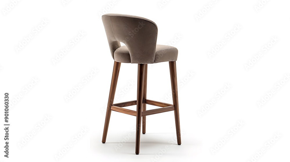 A stylish upholstered bar stool with a backrest and wooden legs set against a white background The design blends comfort with a contemporary look A stylish upholstered bar stool with a backrest and wooden legs set against a white background The design blends comfort with a contemporary look