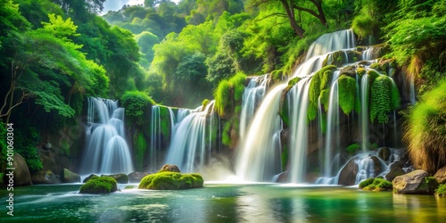 Waterfalls flowing through lush green forests AI Generative, environment, conservation, ecosystem