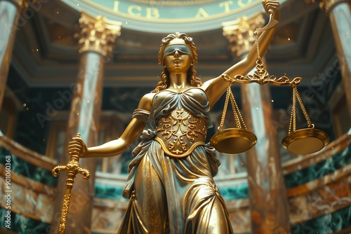 Statue of the goddess themis standing in the courtroom. the goddess of justice holds the scales. view from below.
 photo