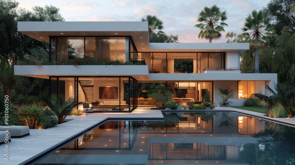 Fototapeta premium Modern luxury house with pool at sunset - generative ai