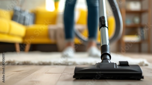 A person vacuuming a living room with modern furniture and decor