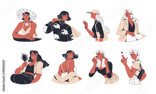 Modern girls set. Happy young women, fashion stylish looks. Beautiful attractive cheeky cool female characters lifestyle in trendy style. Flat vector illustration isolated on white background