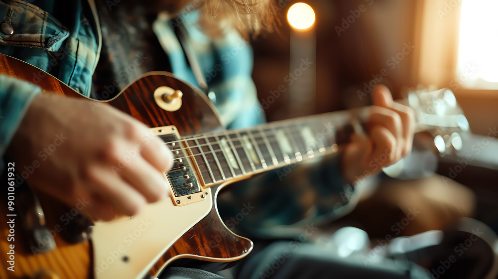 Fototapeta premium An adult playing a musical instrument in a cozy room