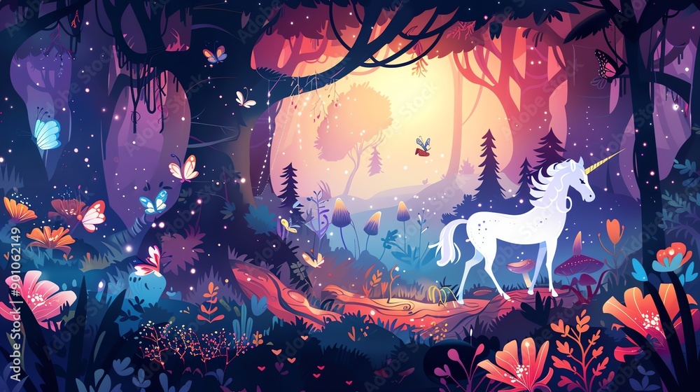 Fototapeta premium A magical forest setting with a unicorn and butterflies.