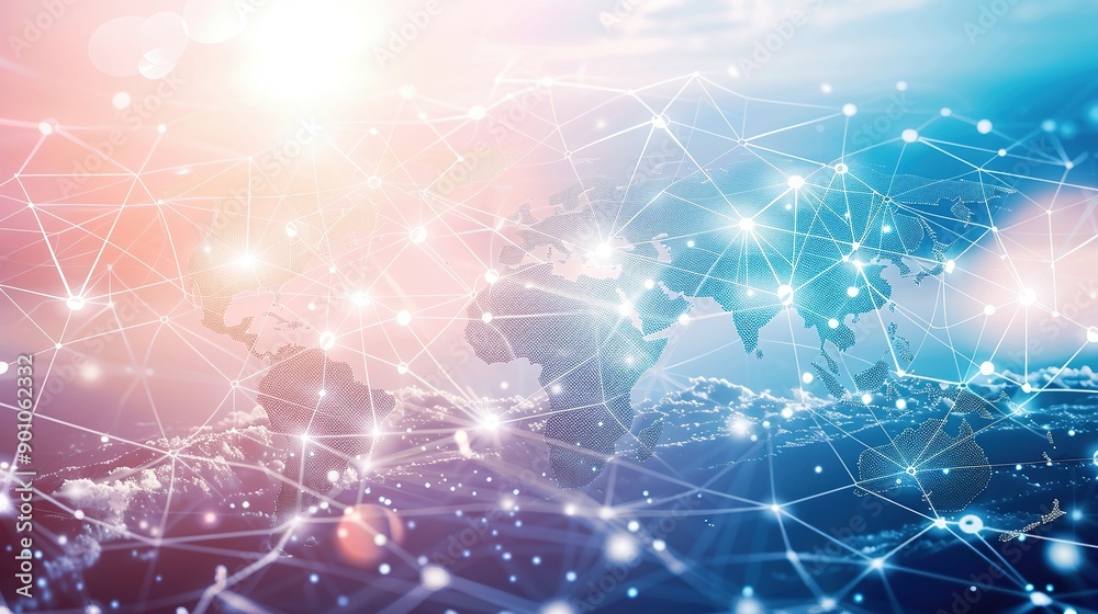 A Light Blue Backdrop Showcasing a Digital World Map and Global Network Connections: Representing the Concept of International Connectivity and Business with Generative AI