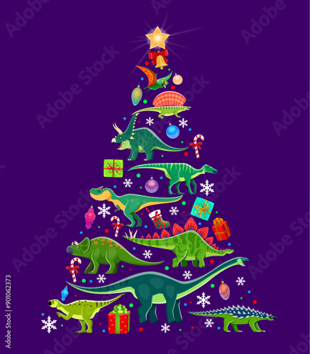 Christmas dinosaurs tree. Cartoon vector festive prehistoric fir-tree made up of dino species, decorated with ornaments, candy canes, and presents. Jurassic pine or spruce is topped with shining star