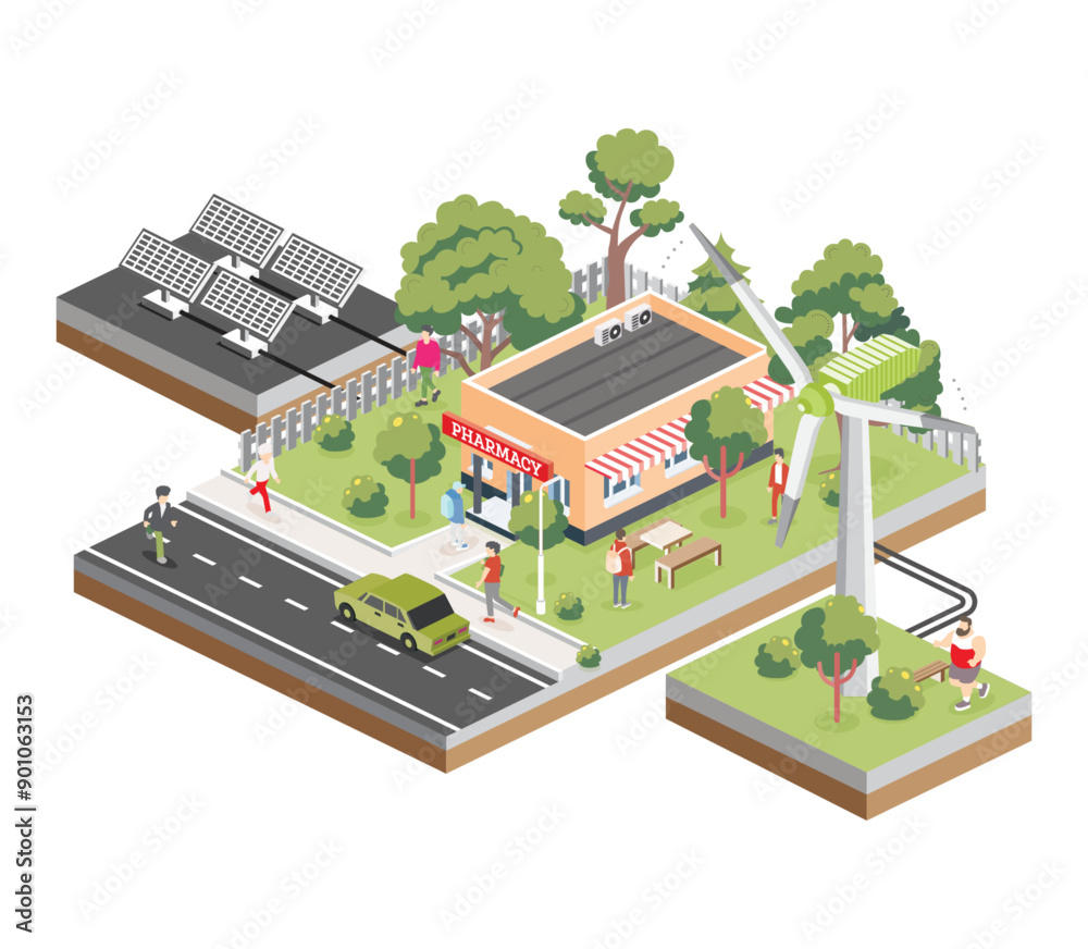 Isometric pharmacy store building with solar panels and wind turbine. Green eco friendly house. Infographic element. Green trees. Exterior of pharmacy drugstore.